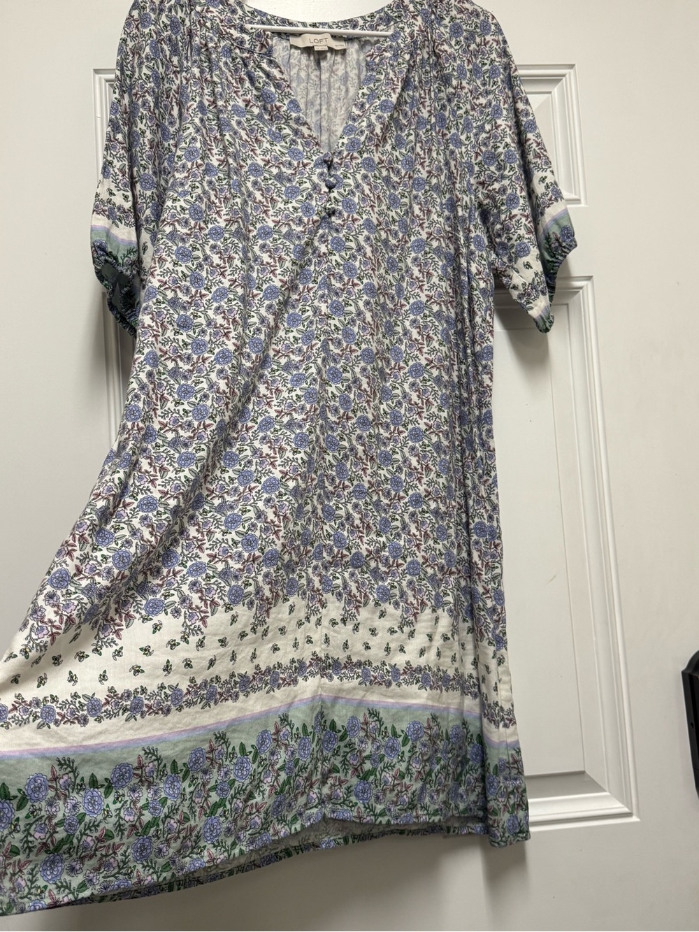 LOFT White Floral V-Neck Tunic with Lavender & Green Print